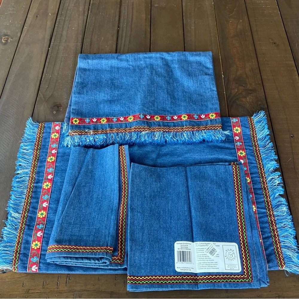 Vintage Boho Denim Placemats Napkins Set Fringe Farmhouse Table Decor NWT